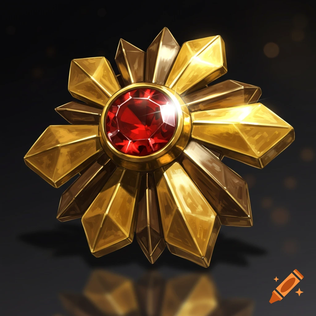 A golden, multi-faceted pin or medal with a large red gemstone center on a dark reflective surface.