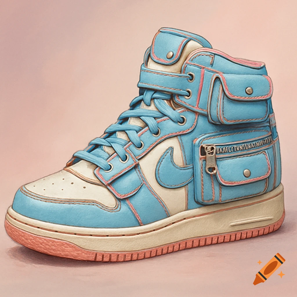 A blue and white high-top sneaker with pink accents and cargo pockets with zippers.