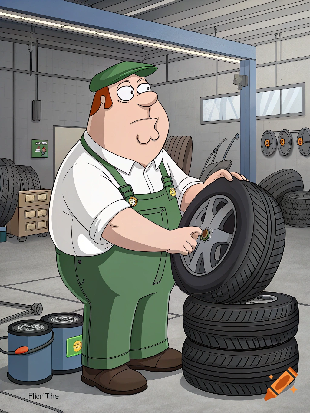 Peter Griffin in a cartoon style stands in a garage wearing overalls and holding a tire.