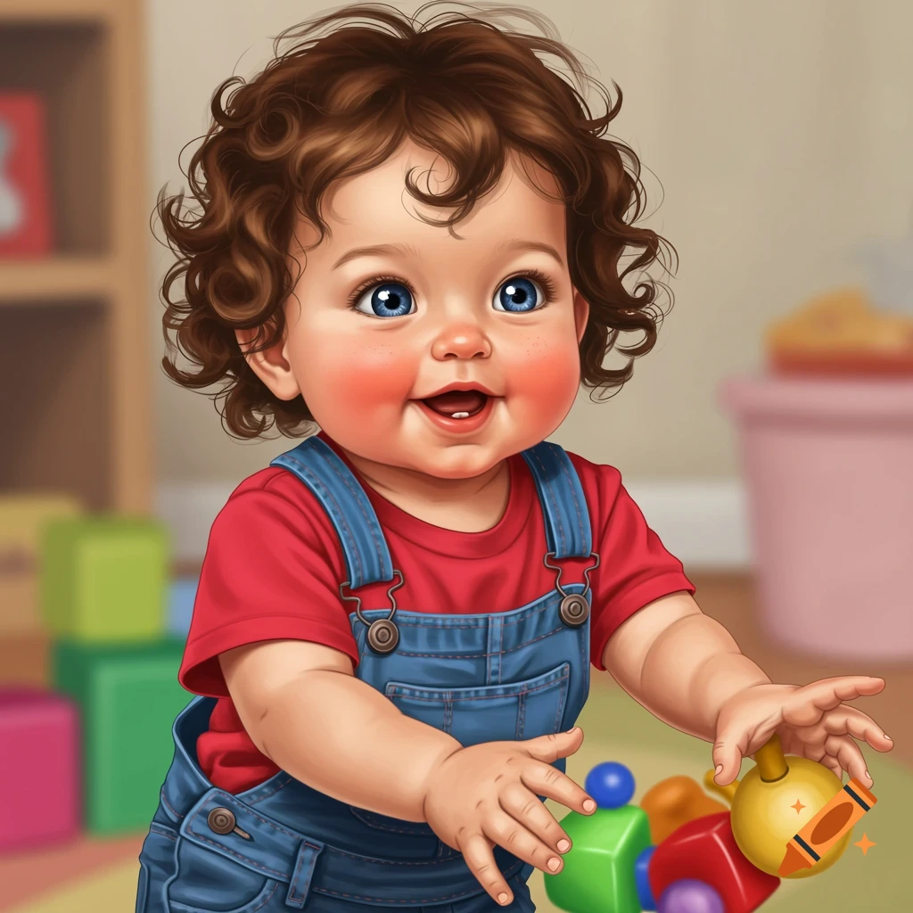Cute illustrated toddler with curly brown hair and blue eyes, wearing overalls and a red shirt, playing with colorful toys.