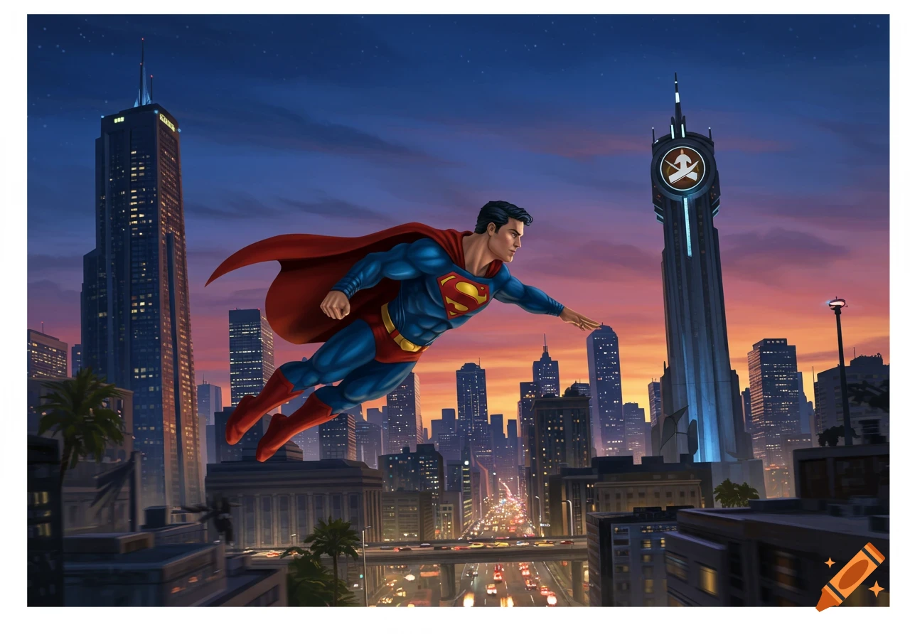 Superman flies over a city skyline at sunset in a video game concept art style.