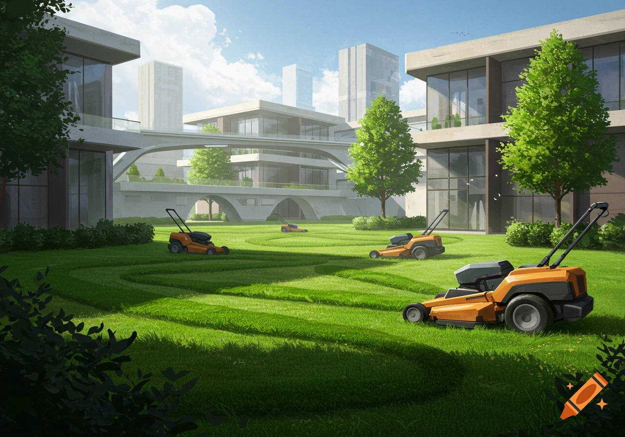 Orange lawnmowers on striped grass in front of modern buildings