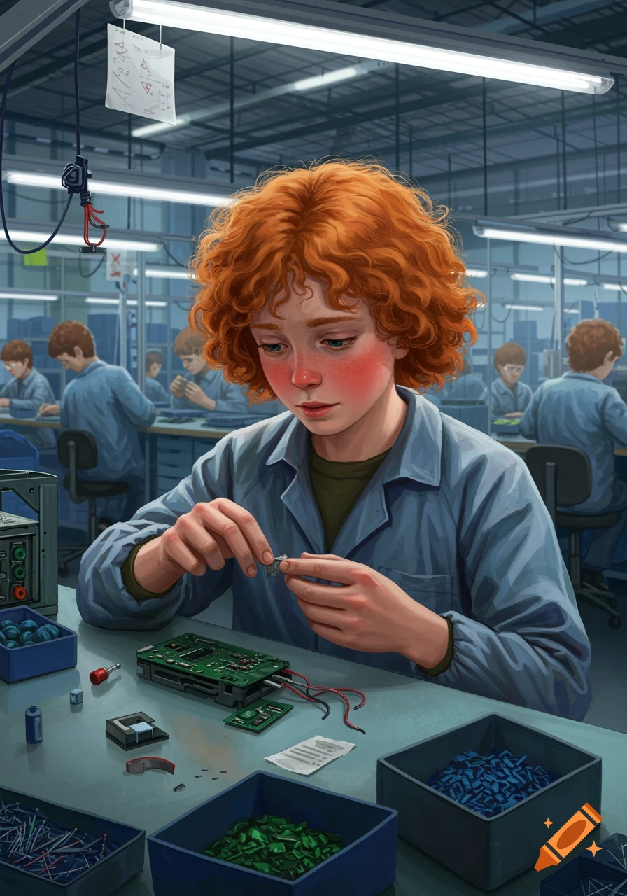 A young person with curly red hair works on electronics in a factory, illustration style.