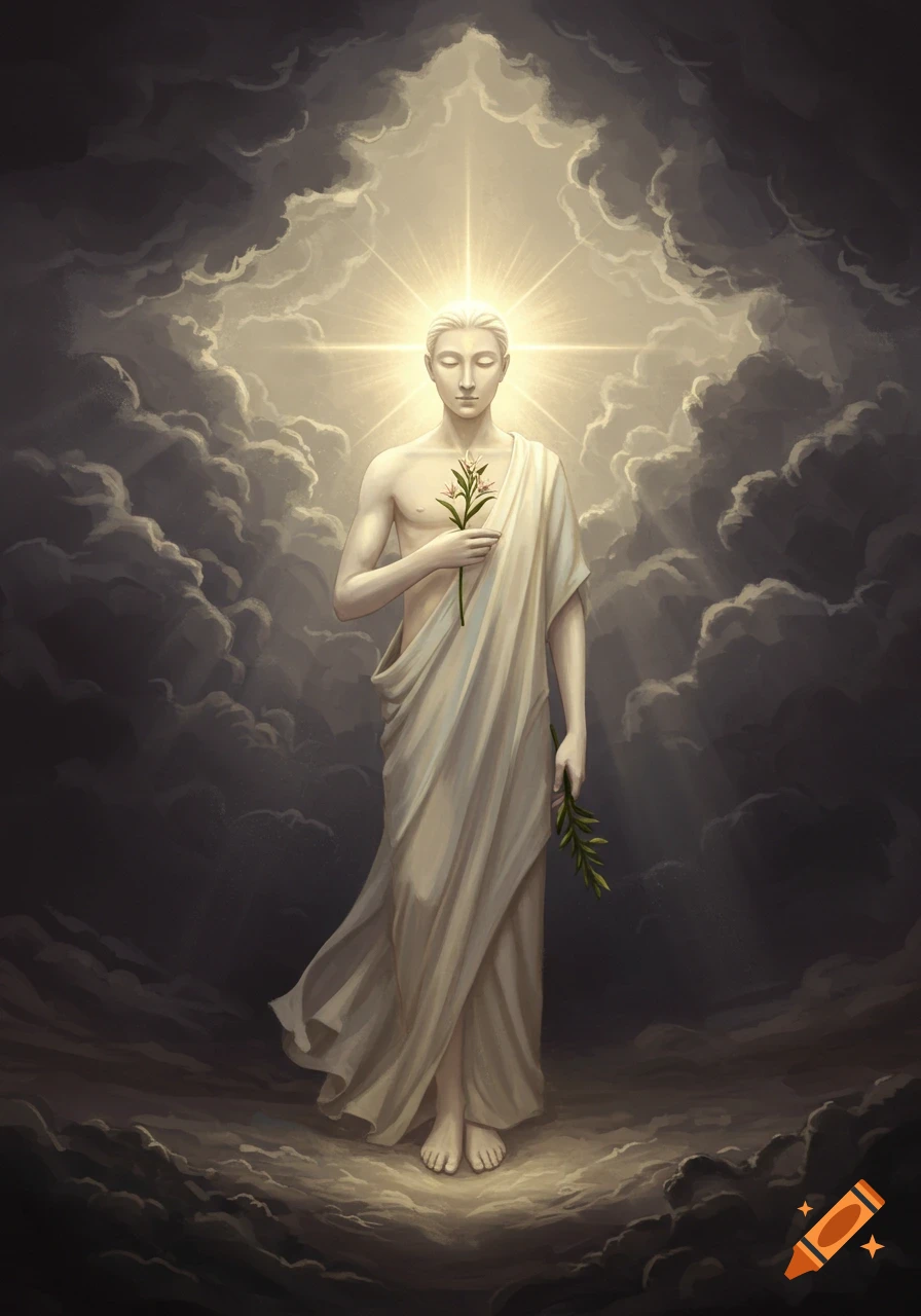 Figure in white robe stands in divine light amidst clouds, holding a plant.