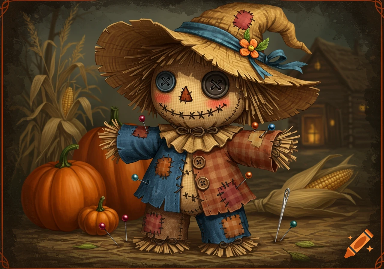 Cute scarecrow doll with pins stands among pumpkins and corn.