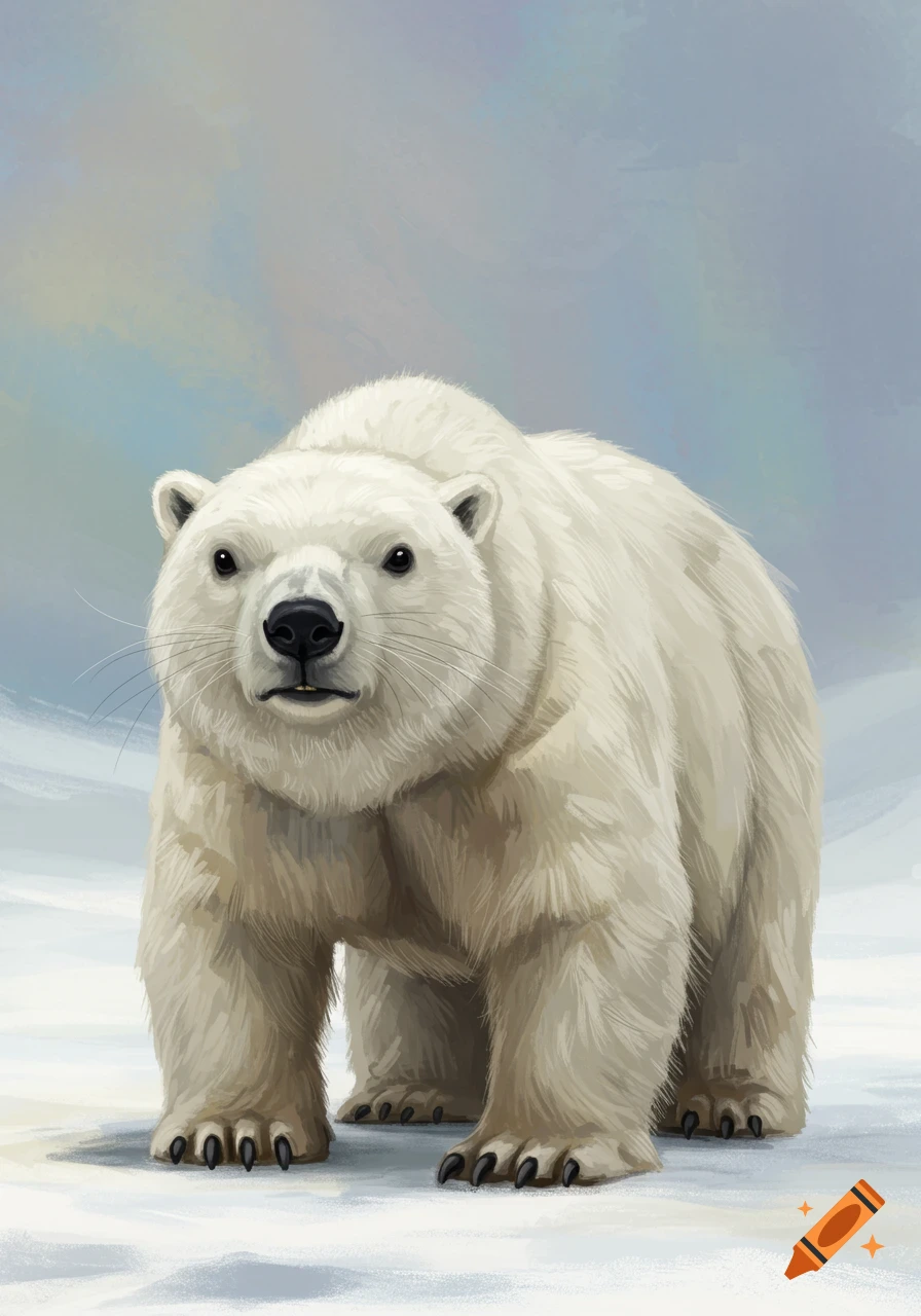 A white polar bear stands in a snowy landscape in an illustrated style.