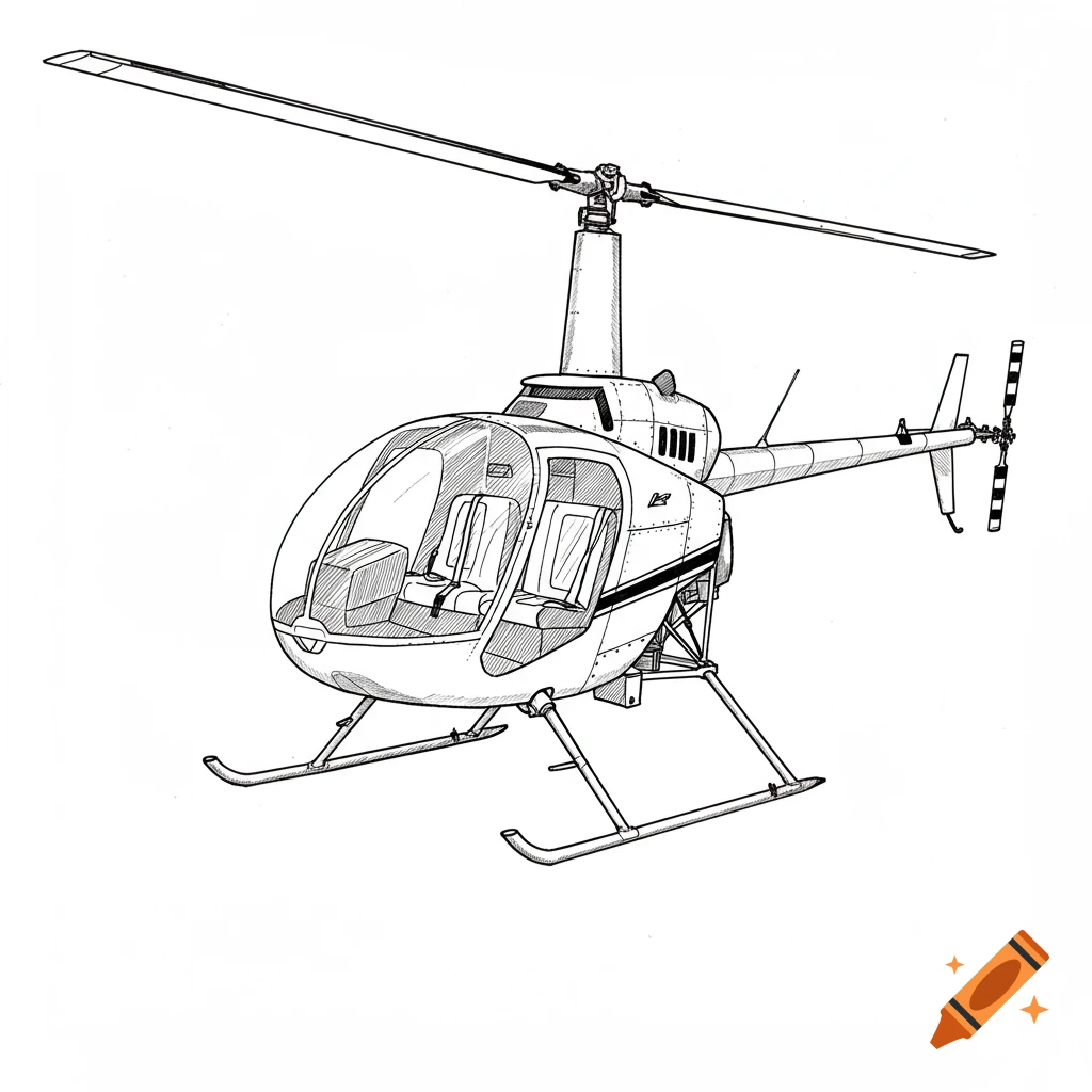 Black and white line drawing of a helicopter.