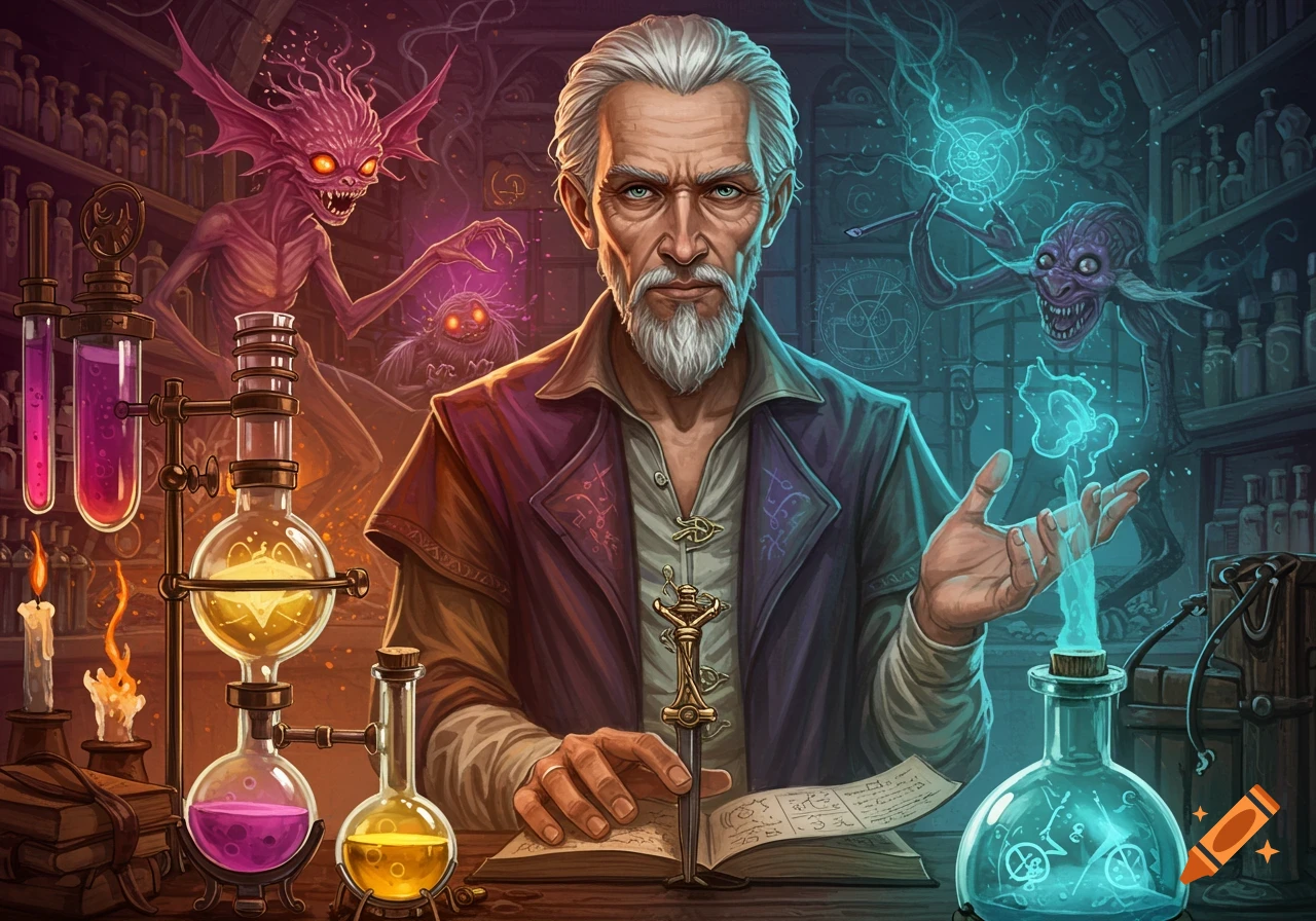 An old wizard in an alchemy lab with glowing potions and fantasy creatures.