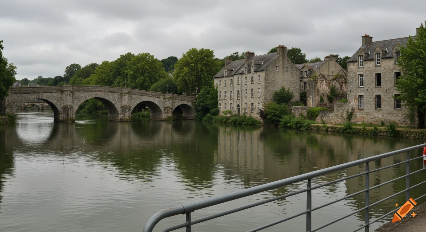 Stone bridge over a river with old stone buildings and a metal railing in the foreground under a cloudy sky.