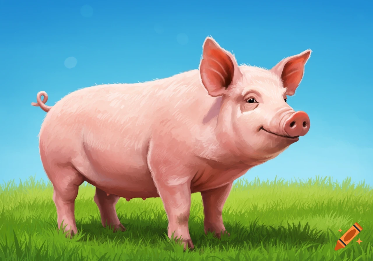 Illustration of a smiling pink pig standing in green grass under a blue sky