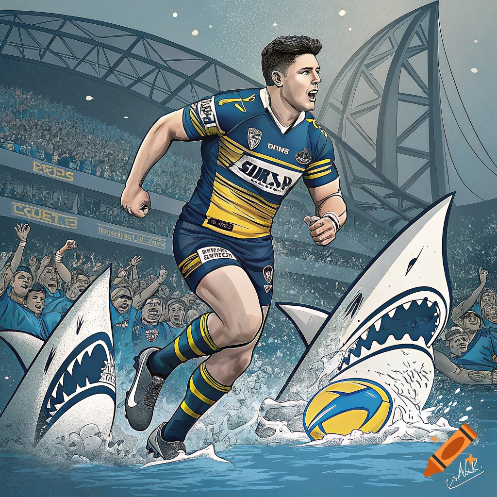 A rugby player runs through water with sharks and a ball towards a stadium and crowd, in a comic style.