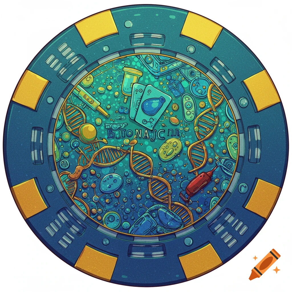 A casino chip with a detailed biomedical illustration in the center
