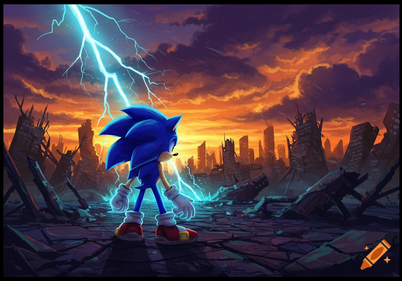 Sonic stands in a ruined city under stormy orange sky and lightning.