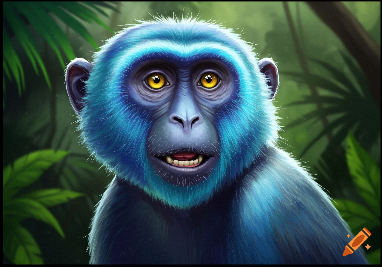 Close-up digital art of a blue monkey with yellow eyes smiling in a jungle.