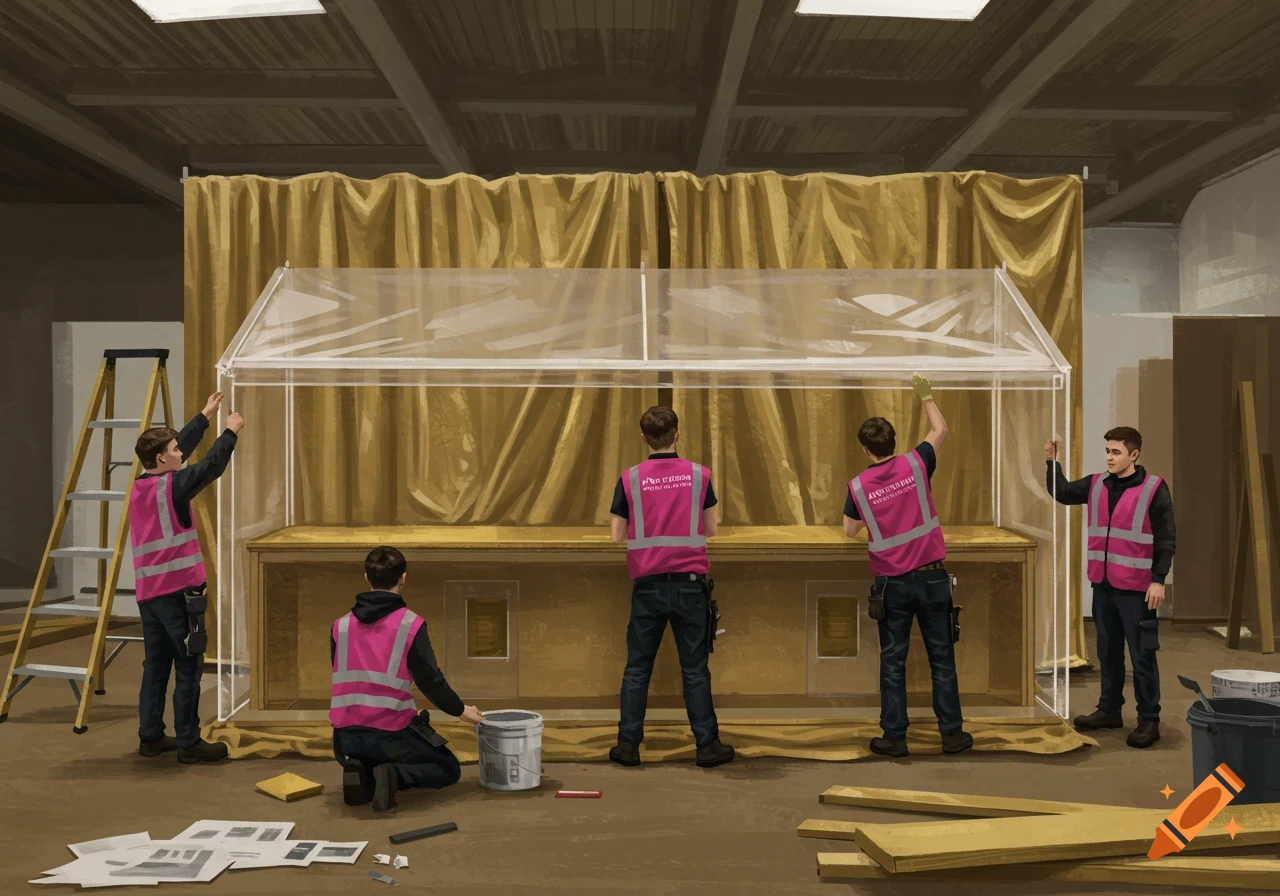 Workers in pink vests build a large display case or plinth in a warehouse.