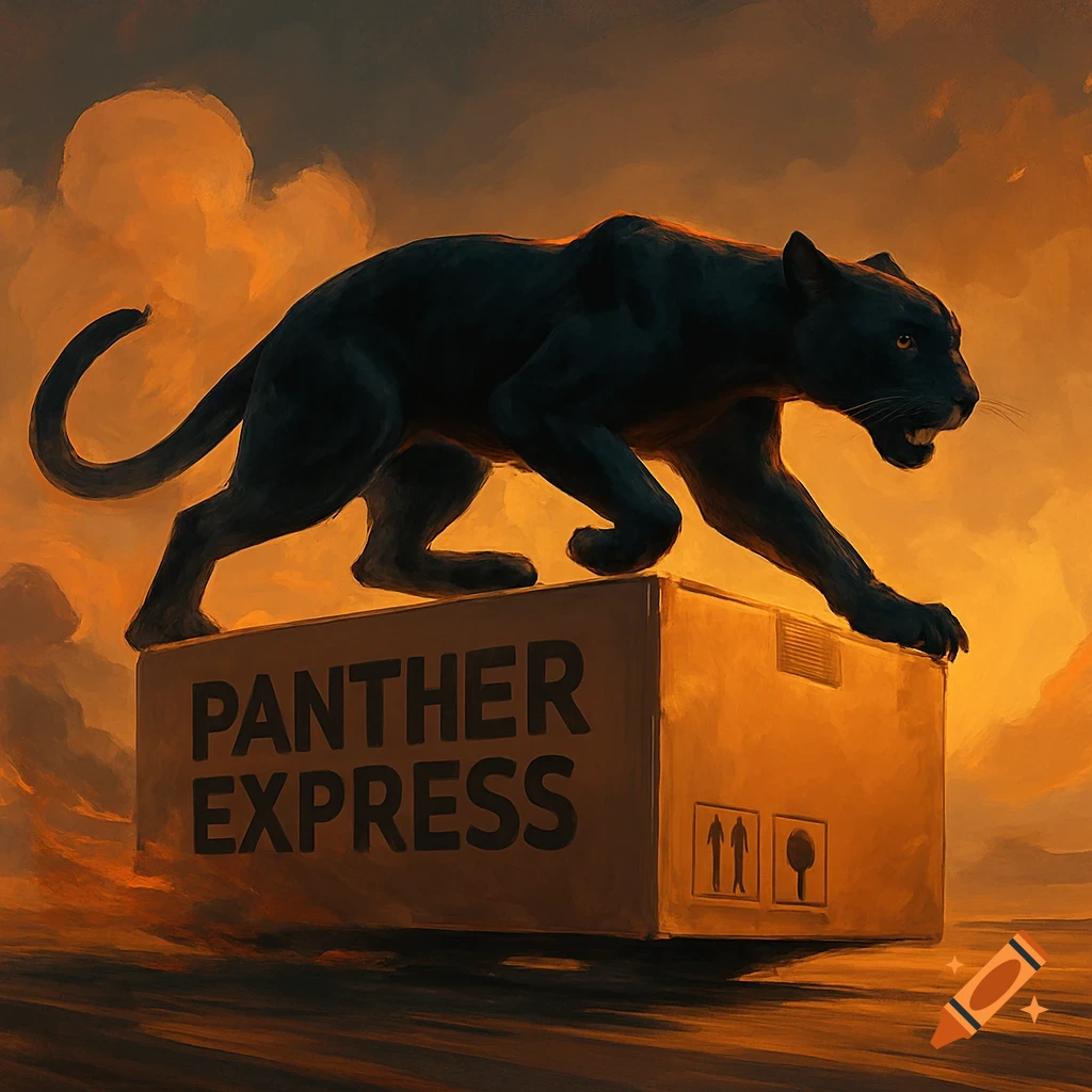 A black panther crouches on a box labeled 'PANTHER EXPRESS' against an orange sky in a painterly style.