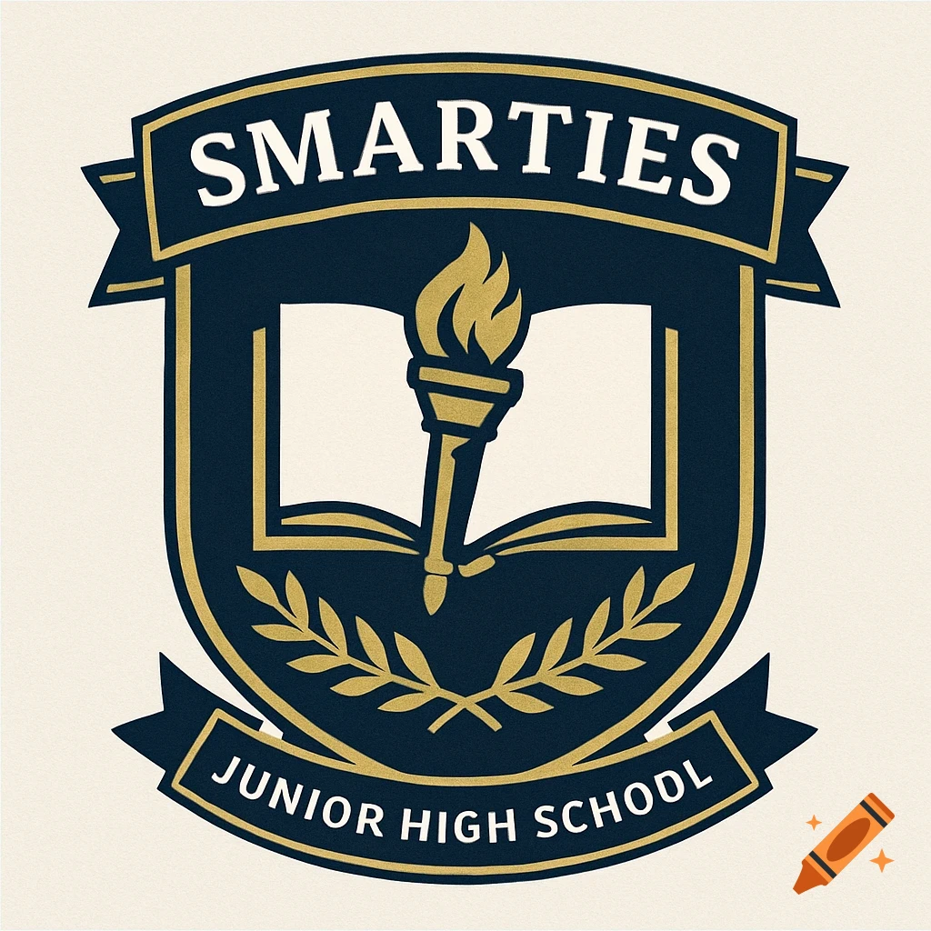A blue and gold school crest with a shield, torch, open book, and banners reading "SMARTIES JUNIOR HIGH SCHOOL".