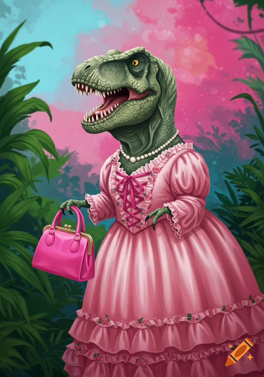 A T-Rex in a pink dress and pearl necklace holds a pink handbag in a jungle.