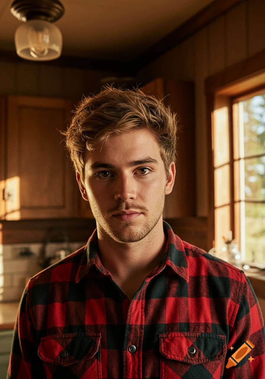 A handsome young man in a red and black flannel shirt stands in a rustic kitchen.