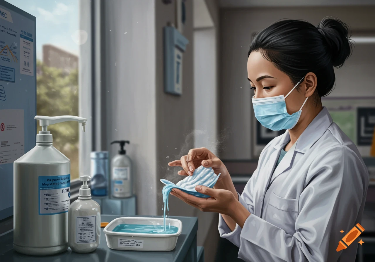 Person in lab coat and mask performing hand hygiene in a lab.