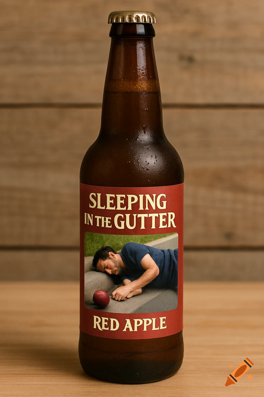 Photorealistic image of a beer bottle with a label featuring a man sleeping next to a red apple and the text 'SLEEPING IN THE GUTTER RED APPLE'.