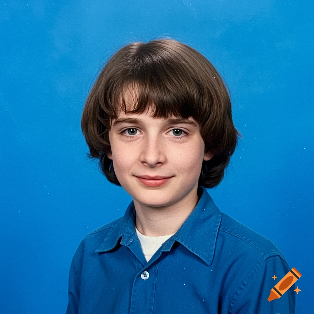 Portrait of a young person resembling Will Byers from Stranger Things in a 90s school photo style against a blue background.