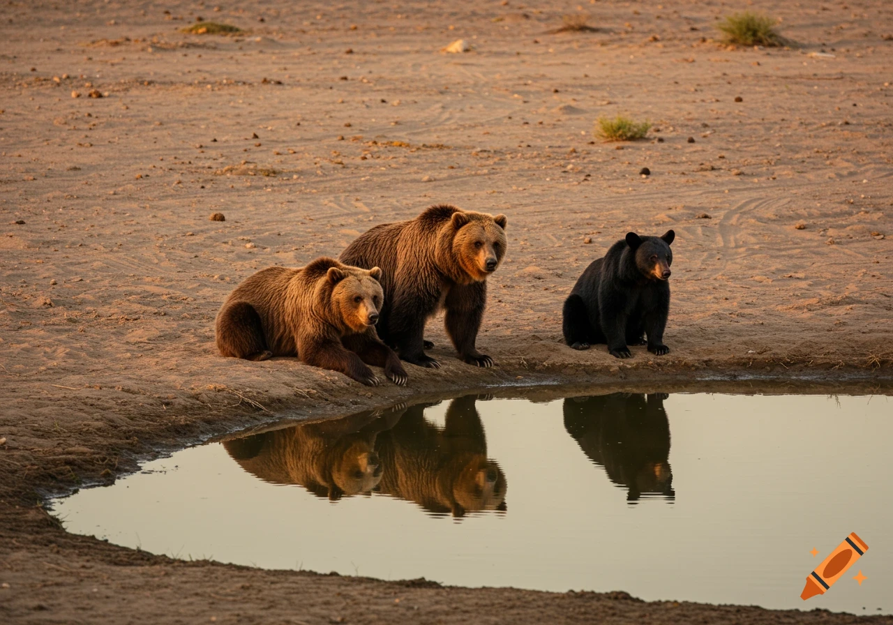 Two brown bears and a black bear sit by a pond in a desert landscape.