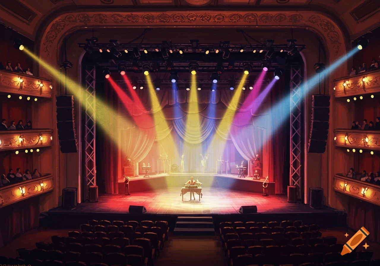 A wide shot of a theatre stage with performers and colorful spotlights, viewed from the audience.