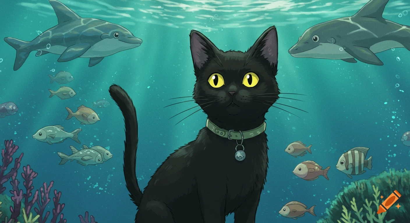 A black cat sits underwater among dolphins and fish, in a Studio Ghibli style.