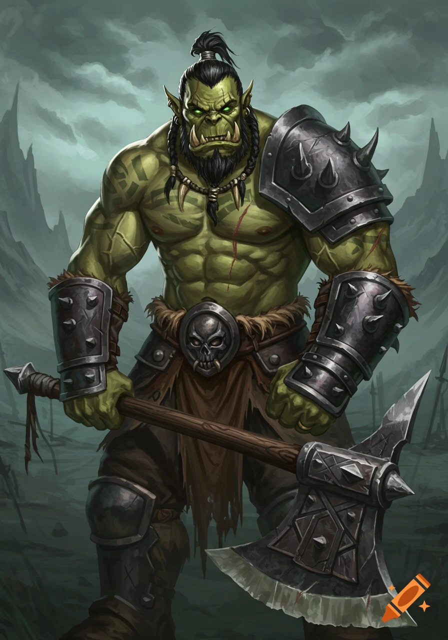 A large, muscular green orc warrior holds a battle axe, wearing armor, against a fantasy background.