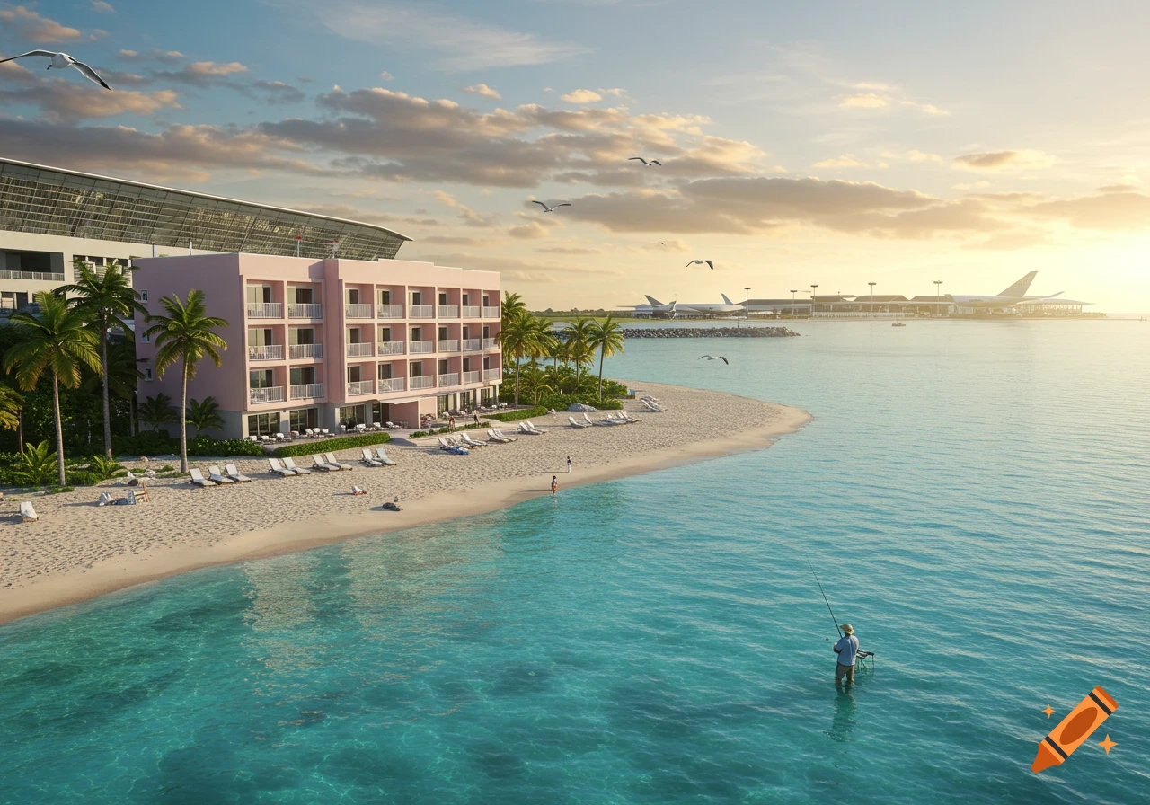 A tropical beach with a pink hotel and palm trees sits next to an airport runway as a man fishes in the ocean.