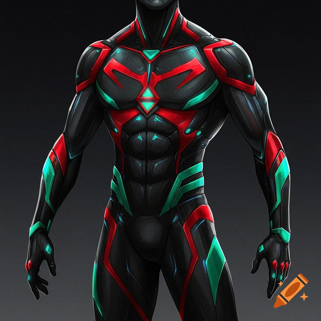Black superhero suit with red and glowing teal accents