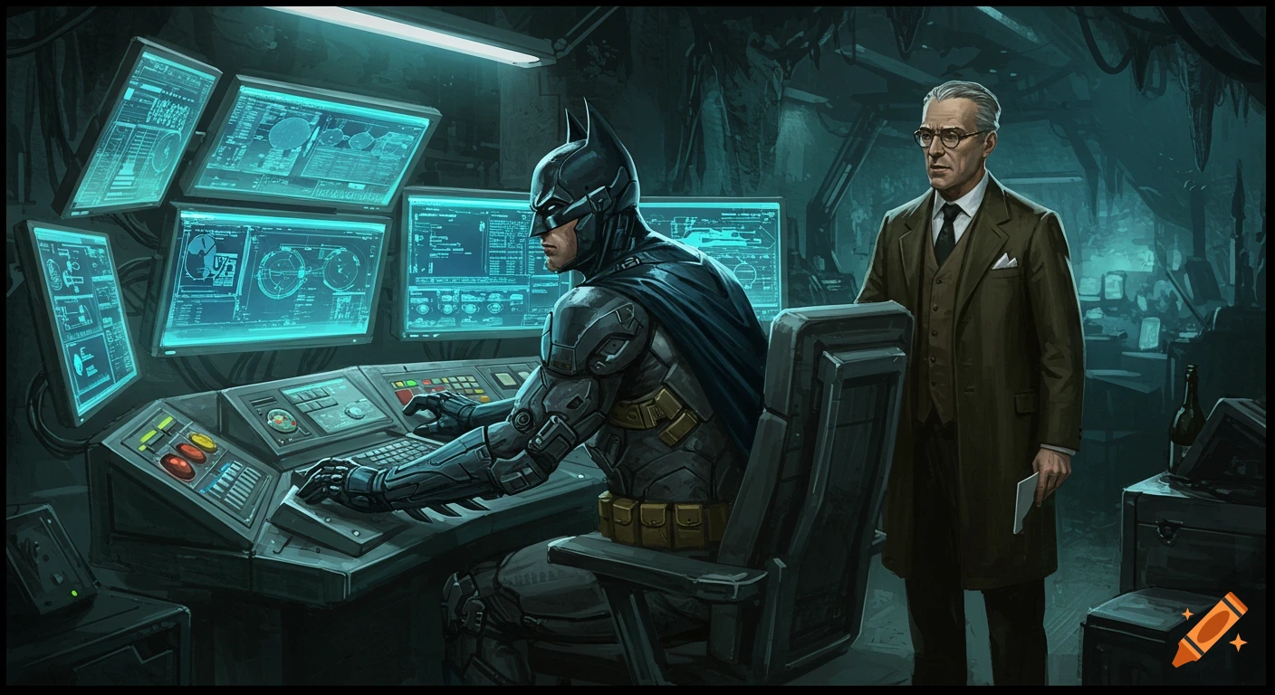 Batman sits at computer monitors while Alfred stands behind him in a dark, high-tech room, digital painting.