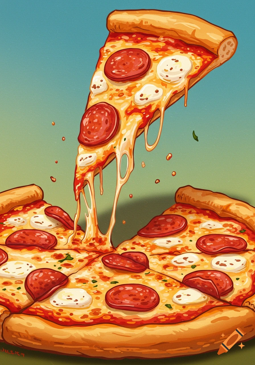 Illustration of a pizza with a slice being lifted, showing melted cheese strings.