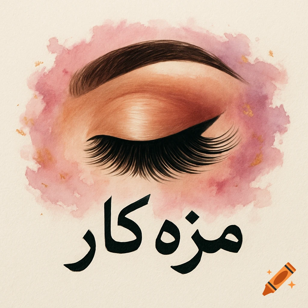 Watercolor illustration of a closed eye with long lashes and eyebrow and Arabic text below, on a pink watercolor background.