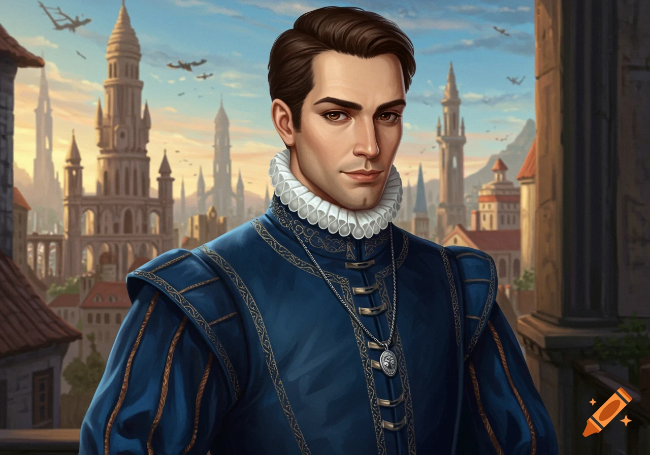 Portrait of a man in 17th-century blue doublet and ruff against a fantasy cityscape.