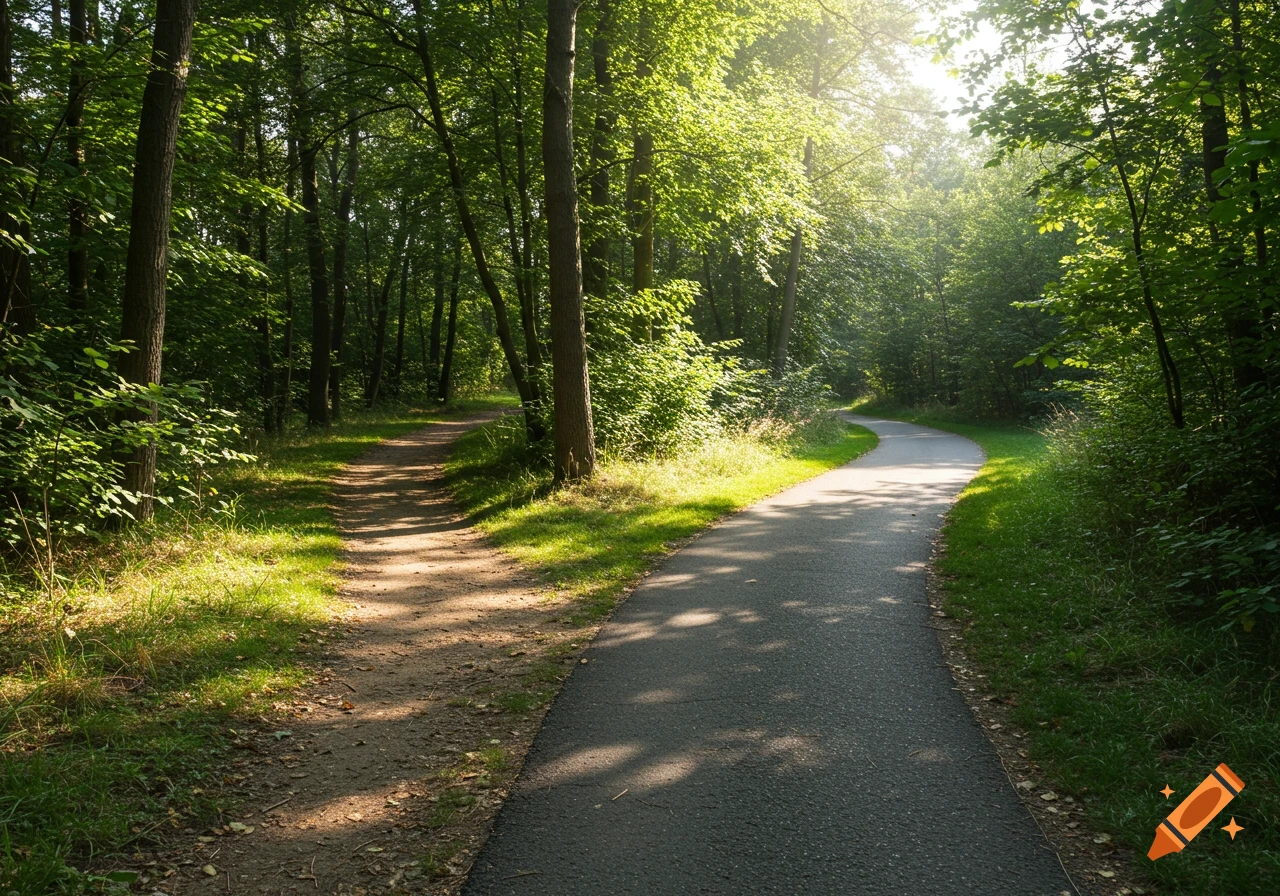 A path splits into a dirt trail and a paved road in a sunlit forest.