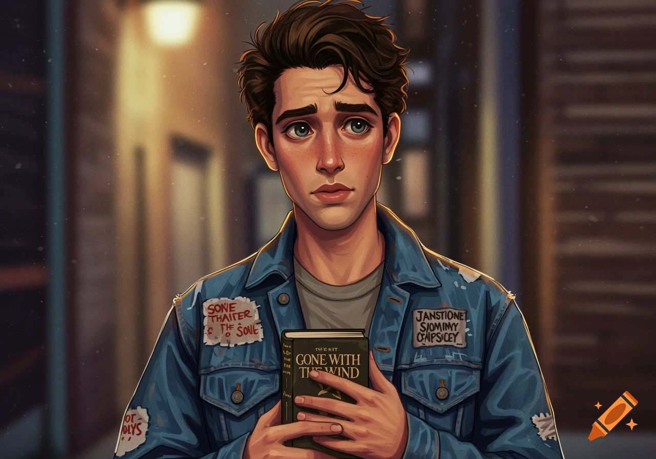 An illustrated portrait of a young man with brown hair and freckles, wearing a denim jacket with patches, holding a book titled "Gone With the Wind".