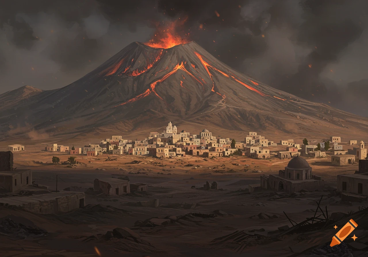 A village sits at the foot of a large volcano erupting with lava and ash, under a dark, smoky sky.