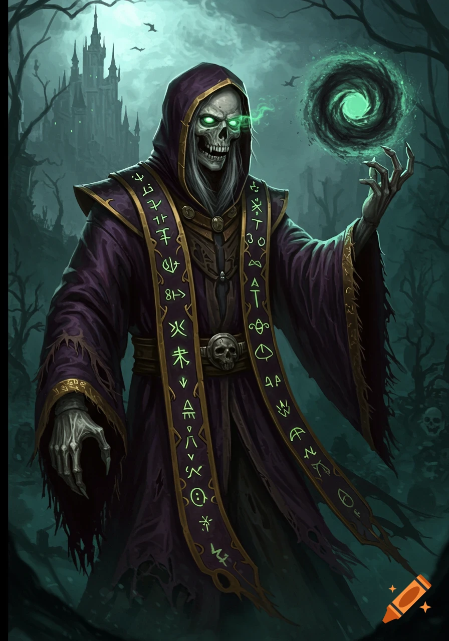 A skeletal figure in a purple hooded robe casts a magical spell in front of a gothic castle.
