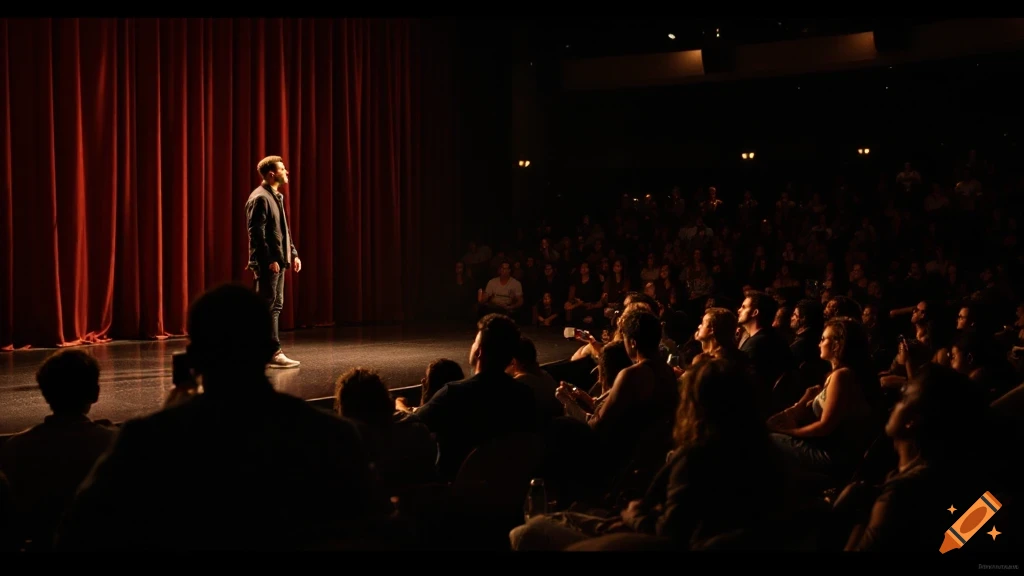 Man stands on a stage in front of red curtains as an audience watches from darkness.