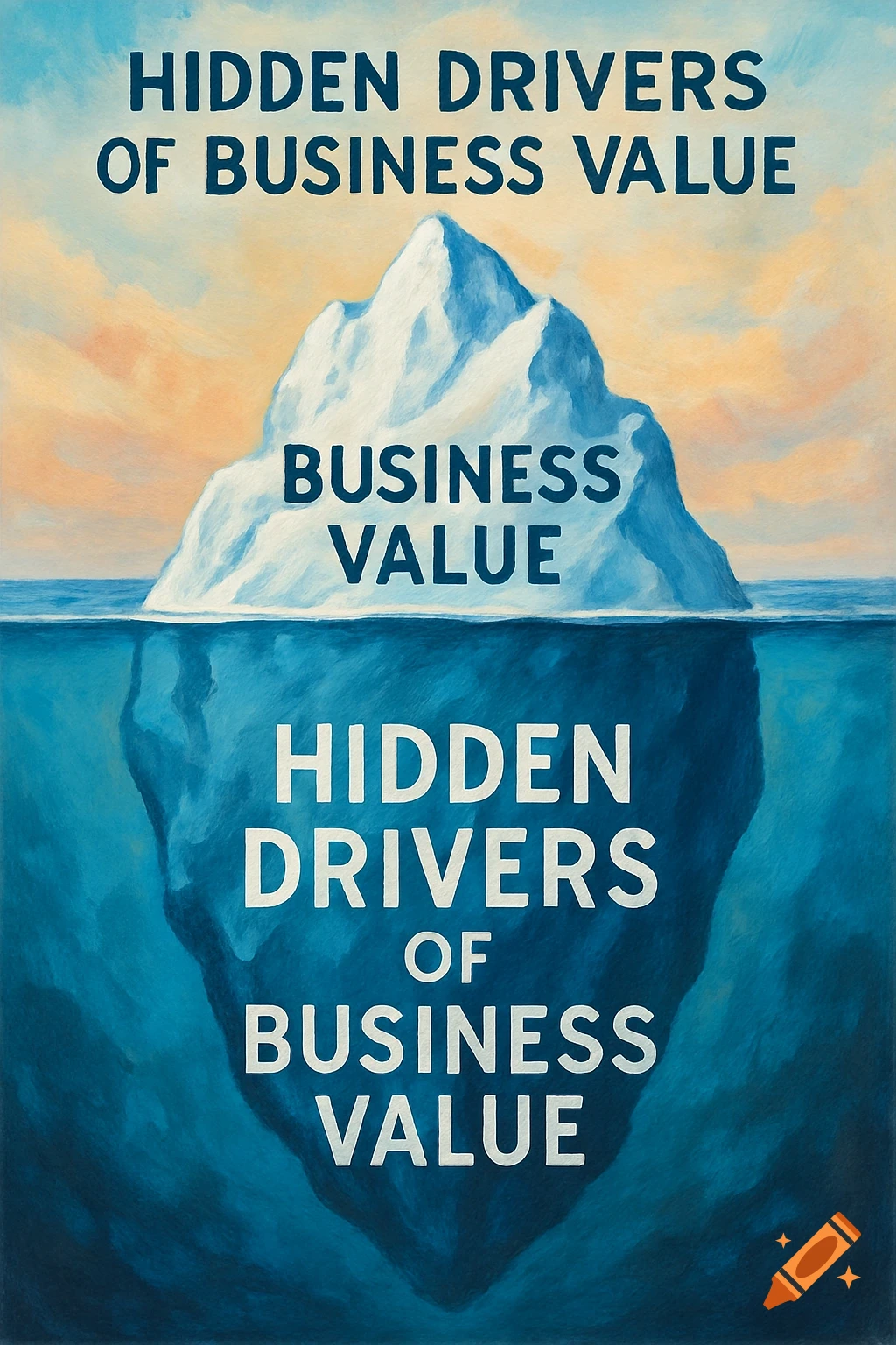 Illustration of an iceberg showing 'Business Value' above water and 'Hidden Drivers of Business Value' below.