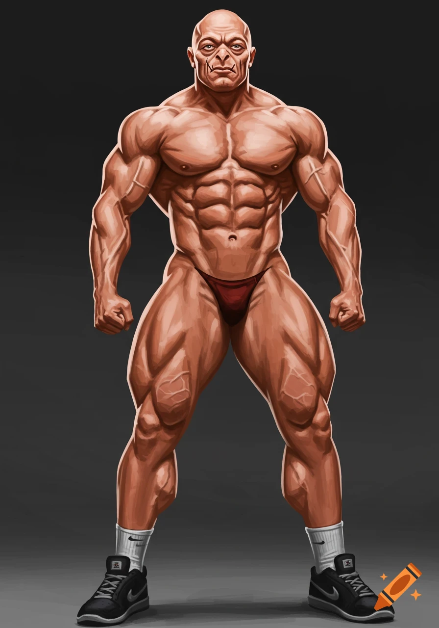 Illustration of a very muscular man in a red posing suit, flexing his body.