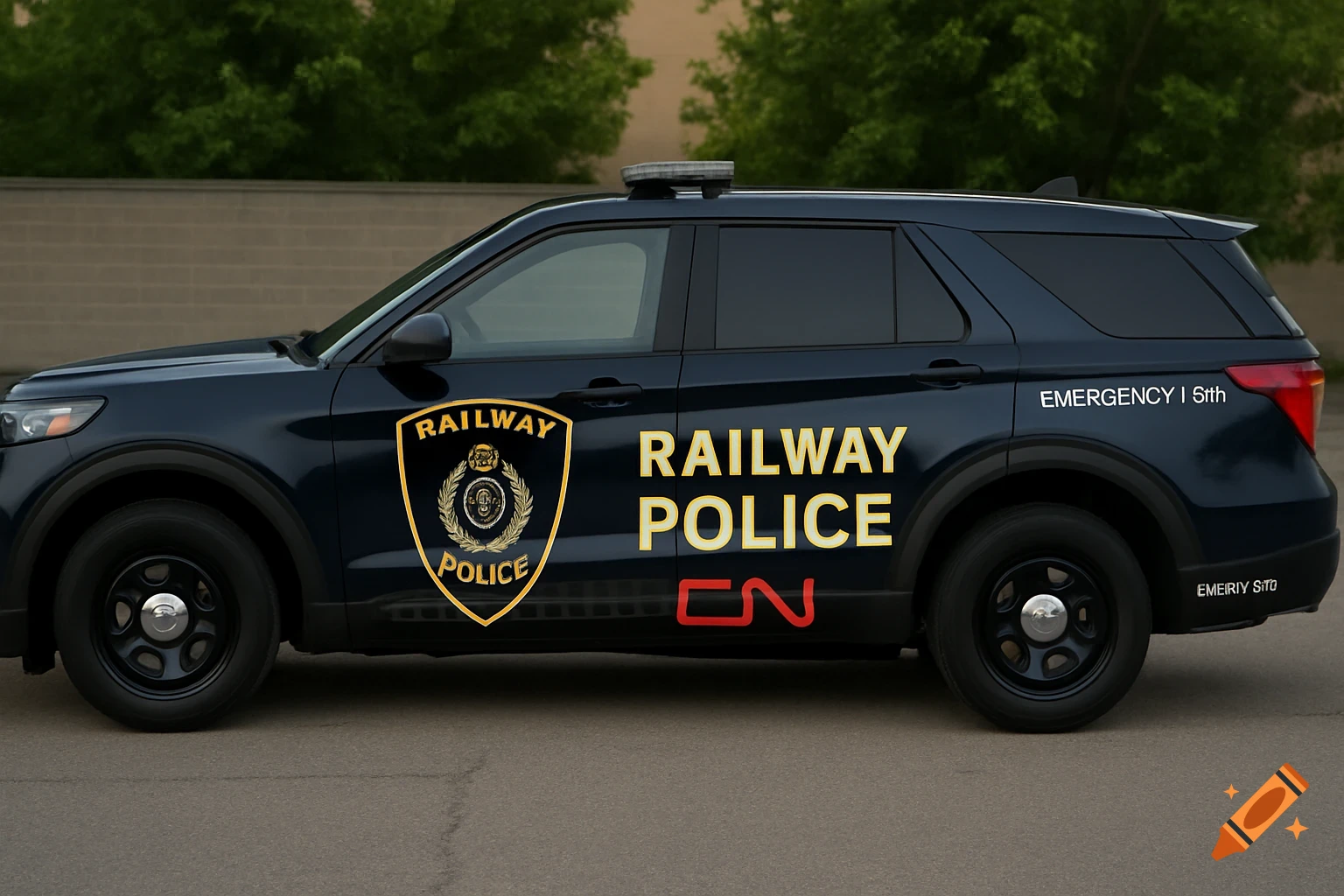 Dark blue railway police SUV parked on asphalt with gold text and shield.