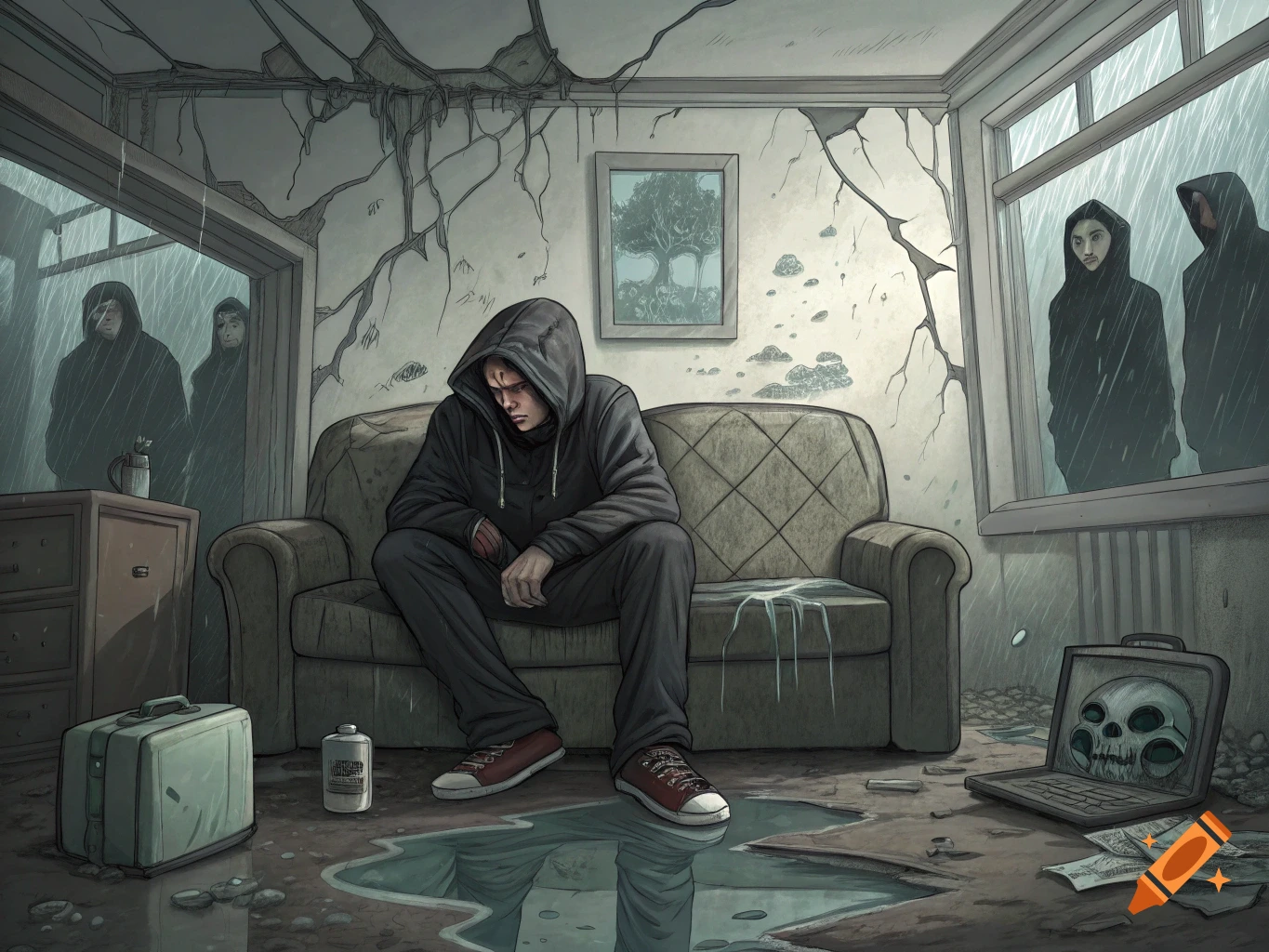 Man in a hoodie sits slumped on a couch in a ruined room with rain and shadowy figures outside.