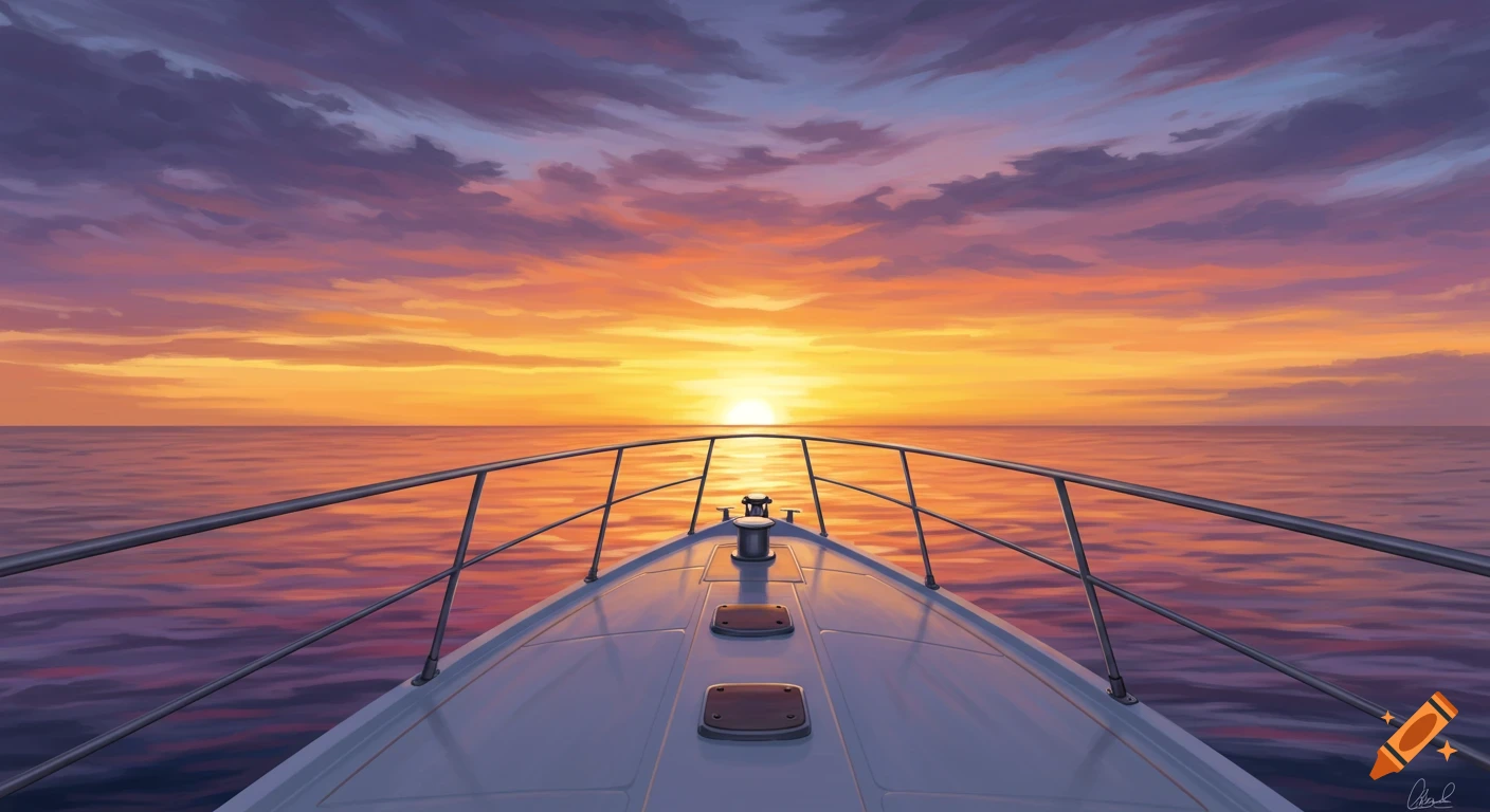 View from the front of a boat looking out at the colorful ocean and sunset sky.
