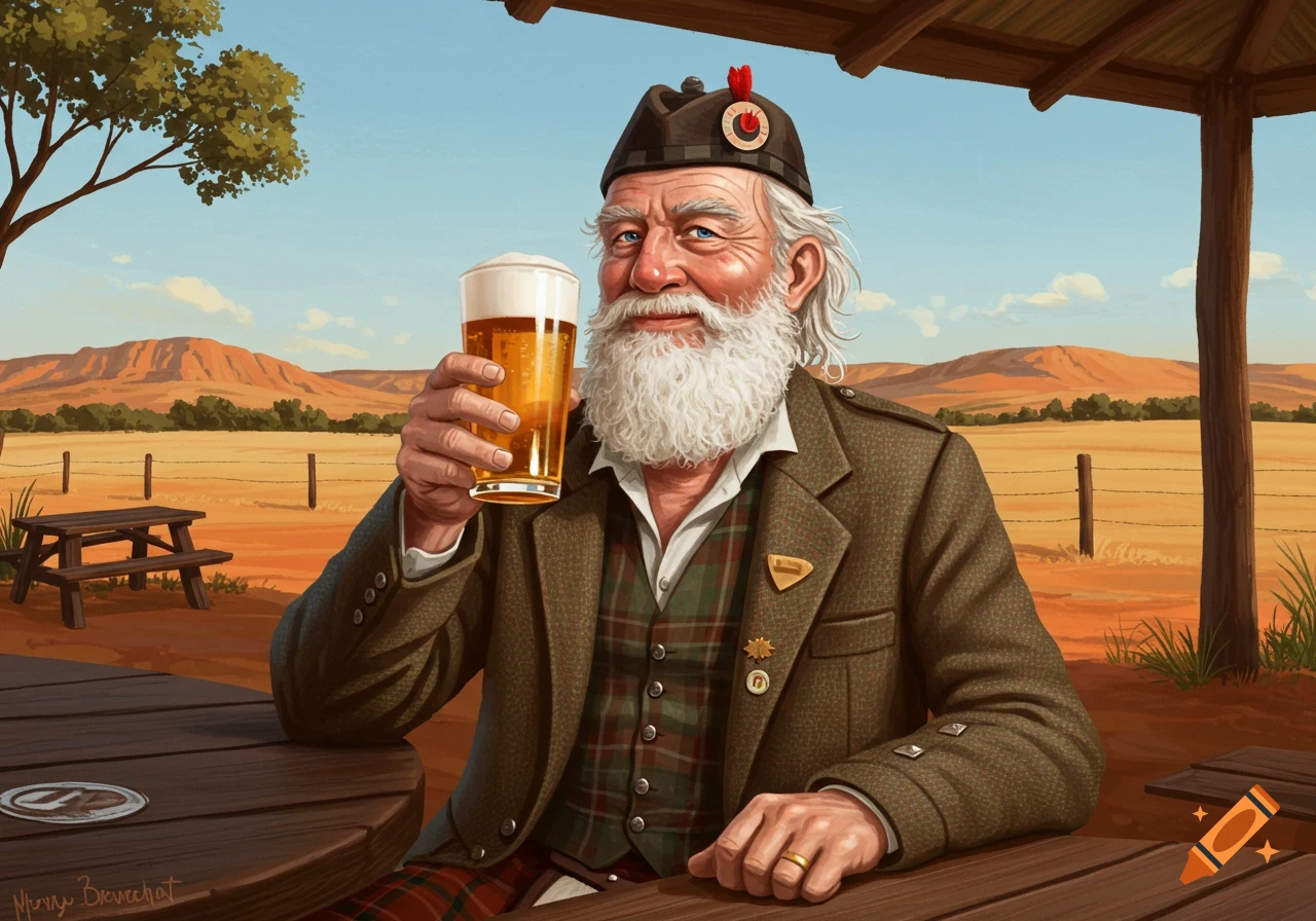Illustration of an old man in kilt and jacket holding a beer at outdoor table, outback mountains in background.