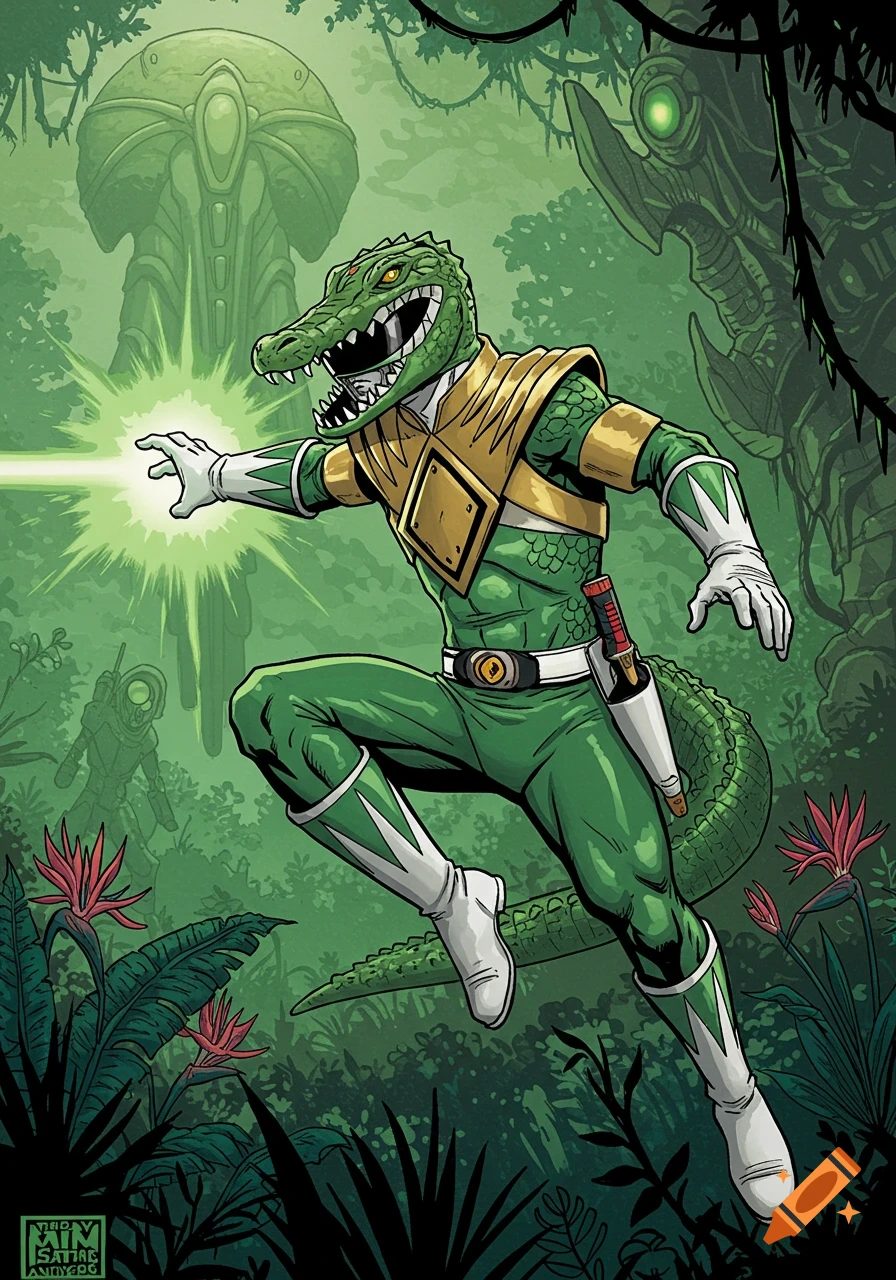 Green Alligator Power Ranger shoots a beam in a jungle, comic art style.