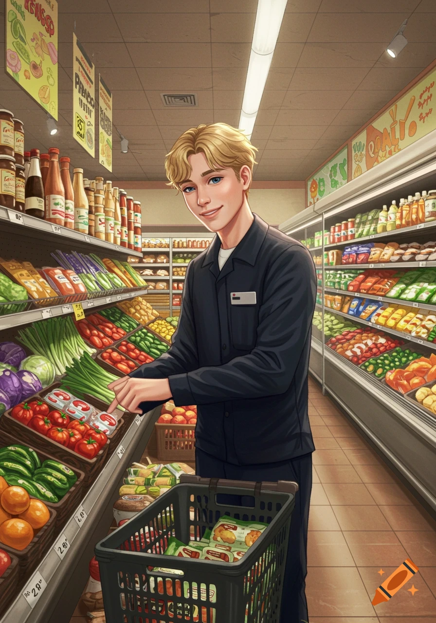 Illustration of a blonde man working in a grocery store aisle looking at products.