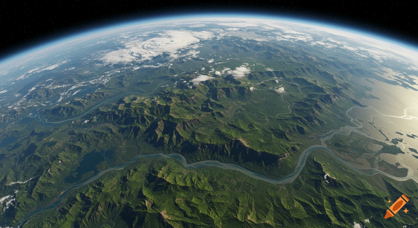 An aerial view of a lush green Earth-like planet from space, showing mountains, winding rivers, clouds, and the curvature of the atmosphere.